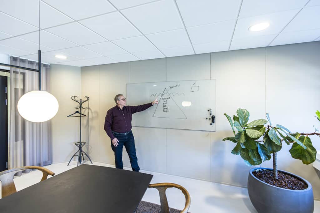 Hypnoterapeut i undervisningslokale med isbjergsmodel til hypnoterapi børn